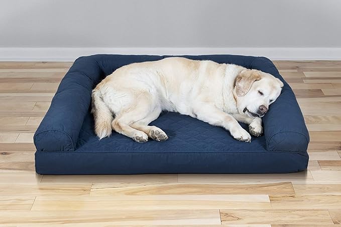 Furhaven Cooling Gel Dog Bed for Large Dogs w/ Removable Bolsters &amp; Washable Cover, For Dogs Up to 95 lbs - Quilted Sofa - Navy (Blue), Jumbo/XL