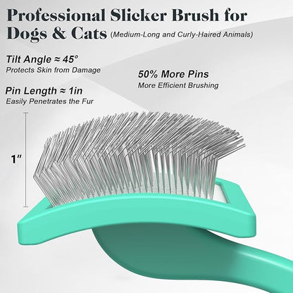 2PCS Slicker Brush for Dogs &amp; Pet Comb,Professional Dog Grooming Brush (Goldendoodles,Poodles,Labradoodles) with Extra Long Pins to Effectively Remove Tangles, Knots and Mats (Cyan)