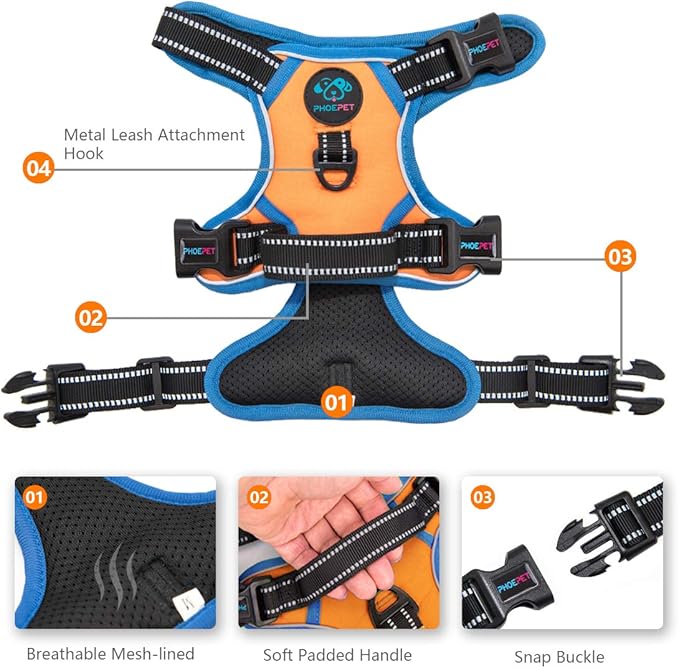 PHOEPET 2019 Reflective Dog Harness Large Breed Adjustable No Pull Vest with with Handle 2 Metal Rings 3 Buckles [Easy to Put on &amp; Take Off](XL,Orange)