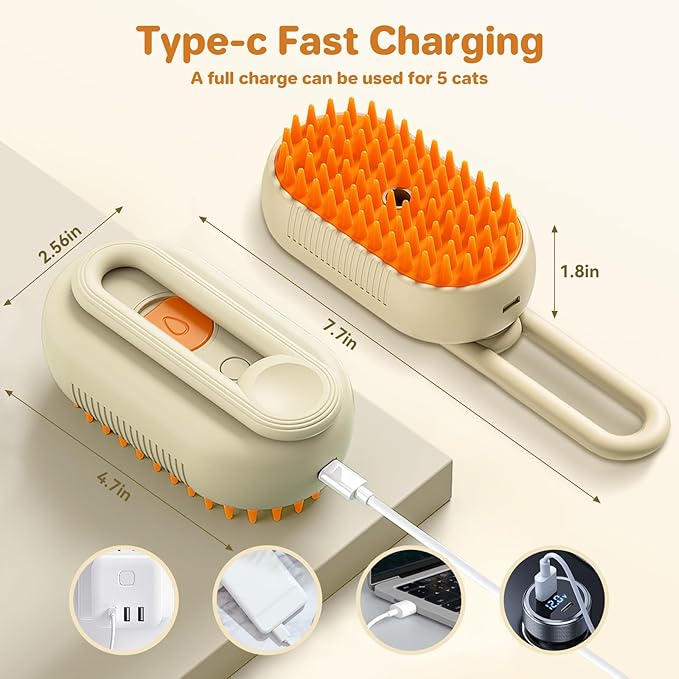 LunaSync Cat Steam Brush for Shedding, 4 in 1 Rechargeable Pet Grooming Brush for Cats and Dogs, Anti-Static Deshedding Tool with Massage &amp; Cleaning, Comb for Long Short Hair - Beige