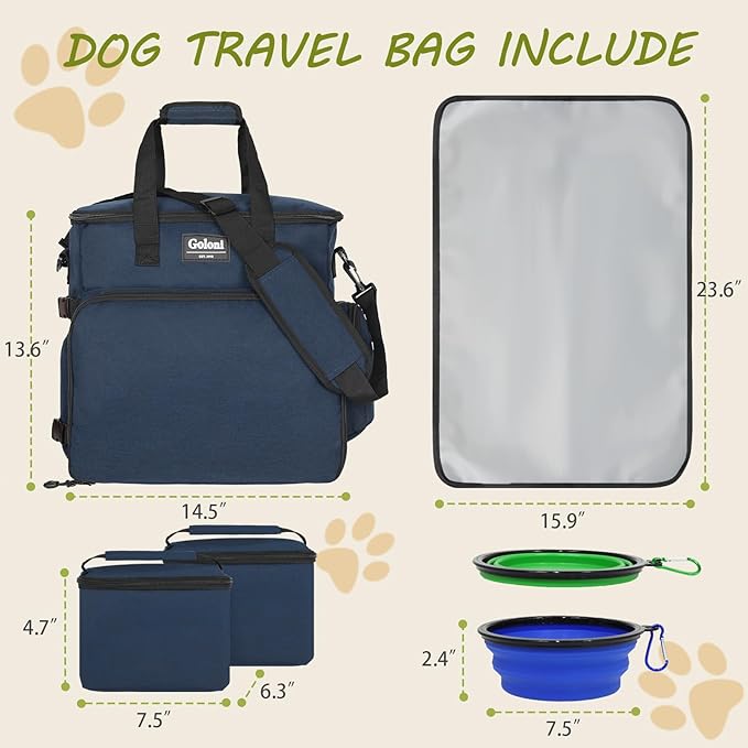Dog Travel Bag Airline Approved–Pet Travel Tote with Collapsible Bowls,Food Containers &amp; Feeding Mat–Multi-Pocket Organizer for Dogs &amp; Cats, Durable &amp; Water-Resistant for Hiking,Trips,Outdoors