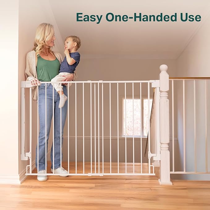 Cumbor 34" Extra Tall No Bottom Bar Baby Gate for Stairs, Auto Close Dog Gate Indoor for Larger Pets, 31.6-48" Hardware Mounted Safety Gate for Doorways, Wide Walk Thru Door for Easy Access (White)