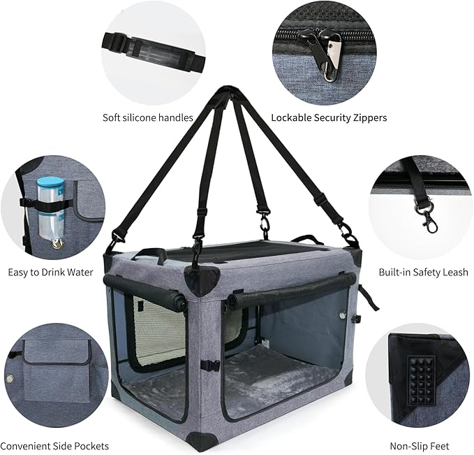 NEZUC Soft Collapsible Dog Crate - 36 Inch Portable Soft Sided Travel Dog Crates for Large Dogs, 4-Door Foldable Dog Carrier, Pet Kennel Indoor &amp; Outdoor (Gray, 36.0" L x 22.0" W x 22.0" H)