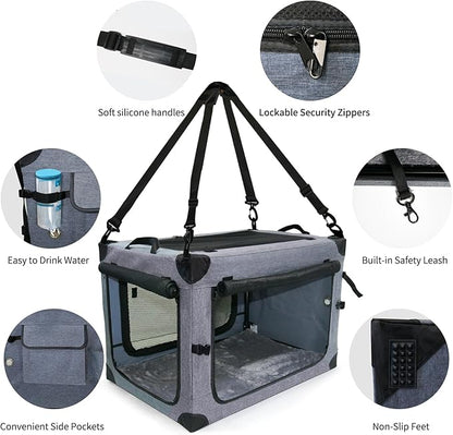 NEZUC Soft Collapsible Dog Crate - 36 Inch Portable Soft Sided Travel Dog Crates for Large Dogs, 4-Door Foldable Dog Carrier, Pet Kennel Indoor &amp; Outdoor (Gray, 36.0" L x 22.0" W x 22.0" H)