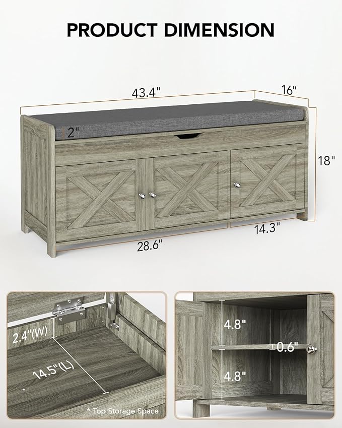 Amada Shoe Bench, Entryway Bench with Cushioned Seat &amp; Lift Top Storage, 3 Doors, Adjustable Shelf, 300 lbs Capacity, Storage Bench with Shoe Rack for Entryway, Bedroom, Living Room, Gray