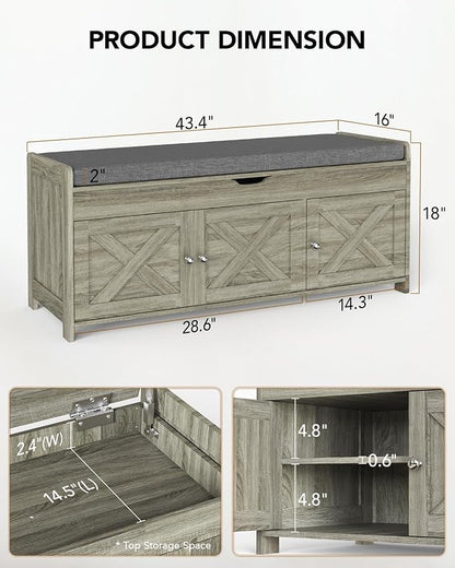 Amada Shoe Bench, Entryway Bench with Cushioned Seat &amp; Lift Top Storage, 3 Doors, Adjustable Shelf, 300 lbs Capacity, Storage Bench with Shoe Rack for Entryway, Bedroom, Living Room, Gray