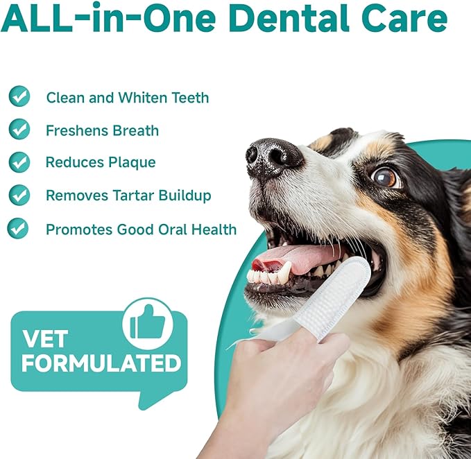 Pet Dental Finger Wipes for Dogs &amp; Cats, Dog Teeth Cleaning Wipes Tooth Brushing Kit by Remove Plaque and Tartar &amp; Freshens Breath Buildup No-Rinse Dog Finger Toothbrush Mint Flavor