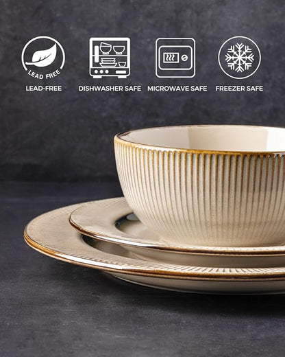 GBHOME Ceramic Dinnerware Sets,12 pcs Embossed Elegant Stoneware Plates and Bowls Sets, Housewarming Wedding Gift | Dishwasher &amp; Microwave Safe | Dishes Set Service for 4