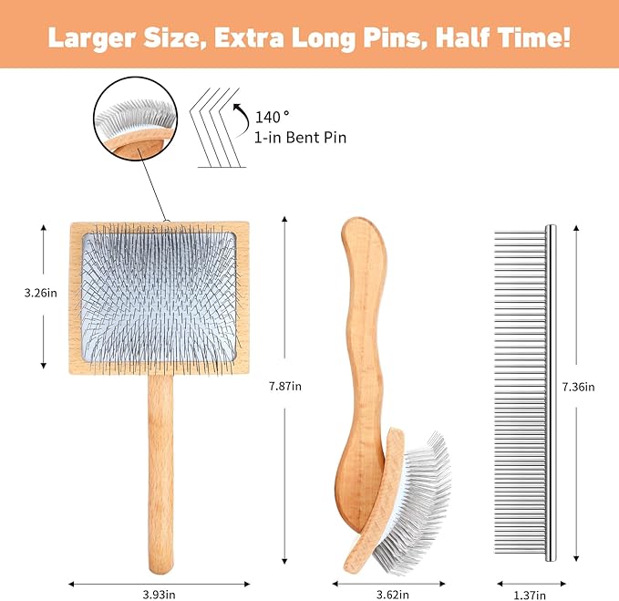 Dog Slicker Brush for Shedding and Grooming Medium or Long Haired Cats, Extra Long &amp; Soft Pin Slicker Brush for Removes Loose Hair, Tangles, Knots, Undercoat, Free Pet Comb, Large, Oak