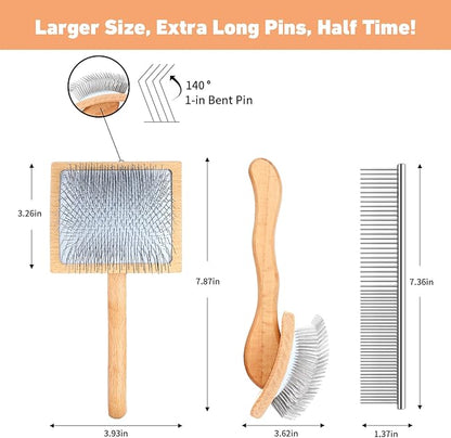 Dog Slicker Brush for Shedding and Grooming Medium or Long Haired Cats, Extra Long &amp; Soft Pin Slicker Brush for Removes Loose Hair, Tangles, Knots, Undercoat, Free Pet Comb, Large, Oak