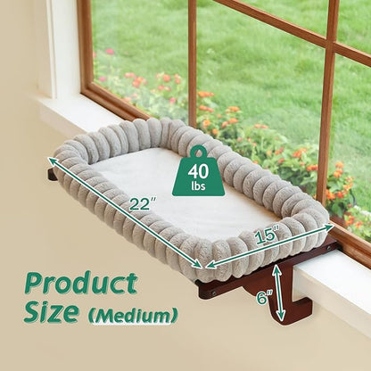 SnugCloud Cat Window Perch with 4-Sided Bolster - Orthopedic Cat Hammock for Window Sill - Solid Hardwood &amp; Metal Frame - Window Seat for Pets (Dark Stained Wood w/Gray Bed, Medium)