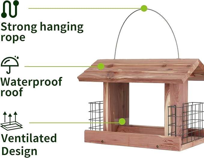 Solution4Patio US Cedar Hopper Bird Feeder for Outdoors Hanging, Handcrafted Wood Double Suet Cage &amp; Clear View Windows, Squirrel-Proof Wild Bird Feeder for Cardinals, Finches, Chickadees