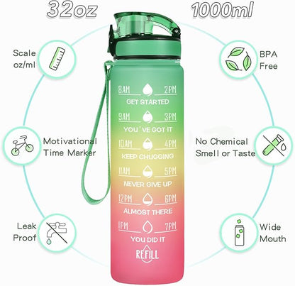 Enerbone Water Bottle, Leakproof BPA &amp; Toxic Free, Motivational Water Bottle with Times to Drink and Straw, Fitness Sports Water Bottle with Strap for Office, Gym, Outdoor Sports