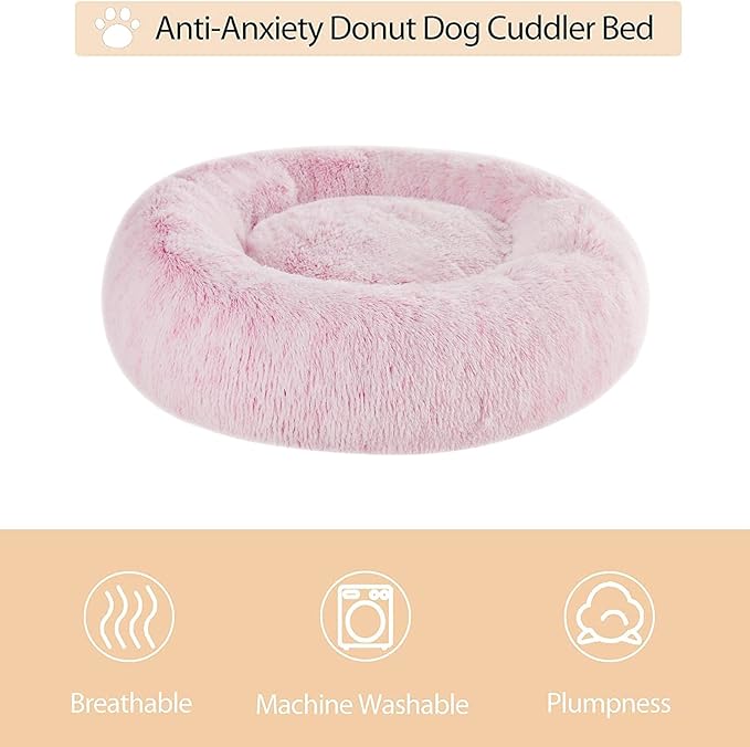 WNPETHOME Calming Dog Bed &amp; Cat Bed Donut, Faux Fur Self-Warming Donut Cuddler, Comfortable Round Plush Pet Beds (27 x 27 x 8 Inch, Light Pink)