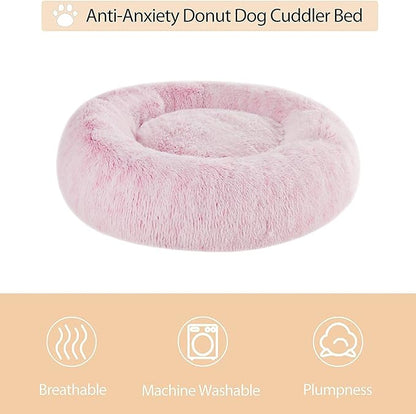 WNPETHOME Calming Dog Bed &amp; Cat Bed Donut, Faux Fur Self-Warming Donut Cuddler, Comfortable Round Plush Pet Beds (27 x 27 x 8 Inch, Light Pink)