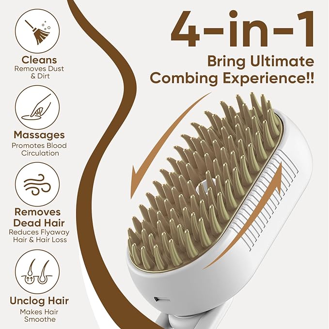 4-in-1 Cat Steam Brush for shedding – Self-Cleaning Comb for Long and Short Hair Cats and Dogs, Steam Pet Brush for Hair Removal, Vibrating Message, Grooming &amp; Relaxation (White)