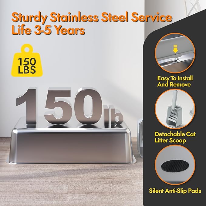 Stainless Steel Cat Litter Box with Lid, 24" L x 16" W x 11.8" H, Large Cat Litter Box for Multiple Cats with High Sided, No-Leak &amp; Stick, Easy to Clean, Includes Litter Mat &amp; Multi Functional Scoop