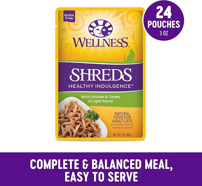 Wellness Healthly Indulgence Shreds Adult Wet Cat Food, Natural, Protein-Rich, Grain Free, 3 Ounce Pouch, 24 Pack, (Chicken &amp; Turkey)