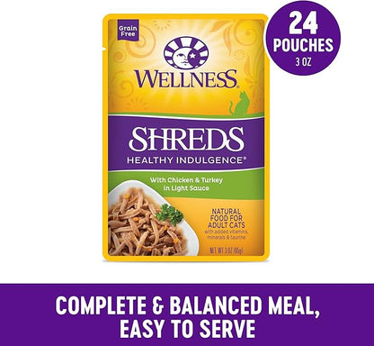 Wellness Healthly Indulgence Shreds Adult Wet Cat Food, Natural, Protein-Rich, Grain Free, 3 Ounce Pouch, 24 Pack, (Chicken &amp; Turkey)