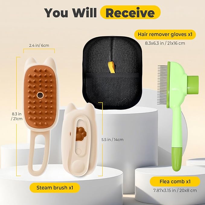 Cat Steam Brush for Shedding, 4 in 1 Rechargeable Steam Brush for Cats and Dogs, Anti-Static, Massage, flea comb for cats&amp; Pet Removal Hair Glove,Shedding &amp; Combing All In One!