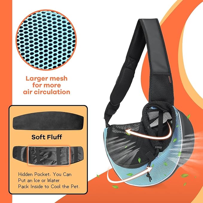 YUDODO Pet Sling Carrier for Small Dogs &amp; Cats – Hands-Free Puppy Carrier with Safety Hook, Large Zipper Pocket, Soft Breathable Mesh, Adjustable Strap &amp; Reflective Strip (Cyan 3.0 M)