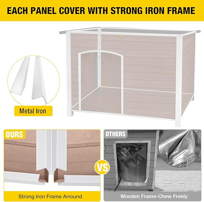 Dog House Outdoor &amp; Indoor Wooden Dog Kennel for Winter with Raised Feet Weatherproof for Small &amp; Medium &amp; Large Dogs,Unique All-Around Iron Frame，Light Brown