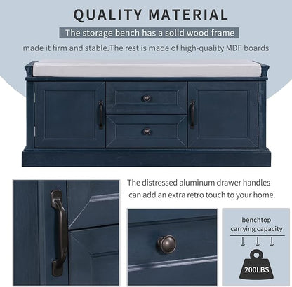 Storage Bench with 2 Drawers and 2 Cabinets, Pine Wood Shoe Bench with Removable Cushion for Living Room, Entryway 42.5" L x 15.9" W x 17.5" H (Antique Navy)