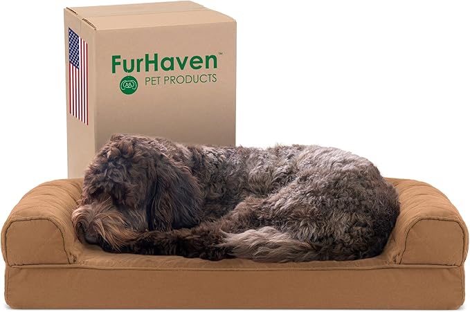 Furhaven Cooling Gel Dog Bed for Medium/Small Dogs w/ Removable Bolsters &amp; Washable Cover, For Dogs Up to 35 lbs - Quilted Sofa - Toasted Brown, Medium
