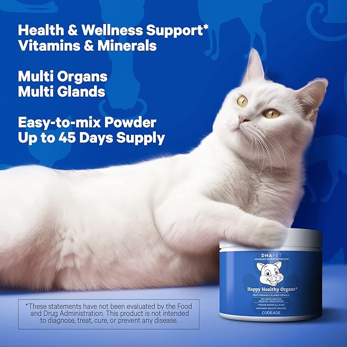 Happy Healthy Organs &amp; Glands Supplement For Cats, Freeze-Dried Raw Bovine Liver Grass-Fed Bone Marrow Heart Kidney Pancreas, Bovine Thymus Iron Multi Organ Powder, Joints Cat Vitamins 1.48 oz