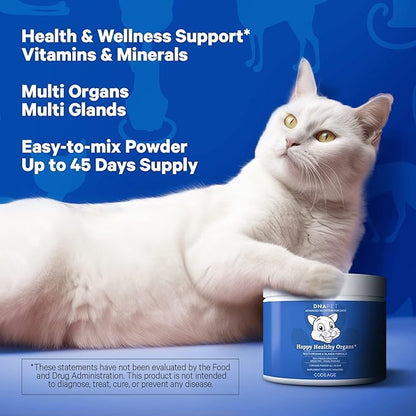 Happy Healthy Organs &amp; Glands Supplement For Cats, Freeze-Dried Raw Bovine Liver Grass-Fed Bone Marrow Heart Kidney Pancreas, Bovine Thymus Iron Multi Organ Powder, Joints Cat Vitamins 1.48 oz