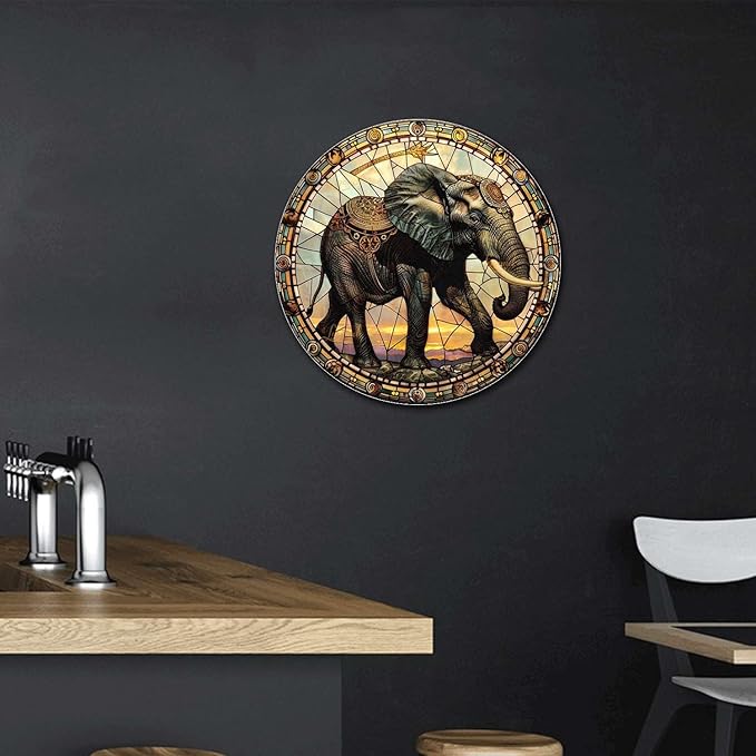 Lygond Metal Sign Tin Sign Circular Stained Glass Elephant Garden Tin Sign for Yard 8×8 Inches