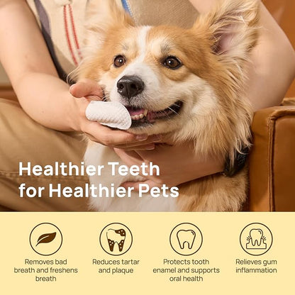 HICC PET Teeth Cleaning Wipes for Dogs &amp; Cats, Vet-Recommended Remove Bad Breath &amp; Plaque &amp; Tartar Buildup Dog Finger Toothbrush Wipes, No-Rinse Dog Tooth Brushing Kit Gentle Cleansing &amp; Gum Care