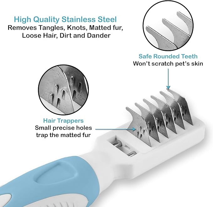 Pets First Professional Pet Mat Remover - Dematting Tool for Grooming Cats &amp; Dogs - Removes Matted Fur, Tangles, Knots, Loose Hair &amp; Dirt - Stainless Steel, Gentle Teeth, Soft Comfort Grip Handle,Blue