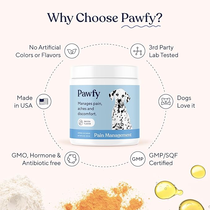 Pawfy Advanced Pain Management - Essential Vitamins &amp; Supplements with Omega 3 |Joint Supplement for Dogs - Supports Hip &amp; Joint Health for Small, Medium, Large Breeds | 30 Fast-Acting Chews