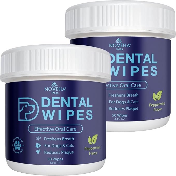 NOVEHA Pets Dental Finger Wipes for Dogs &amp; Cats | Freshens Breath, Reduces Plaque | Healthier Gums | Clean Teeth No Toothbrush | Vet Recommended Effective Natural Oral Care (100 pcs, Mint)