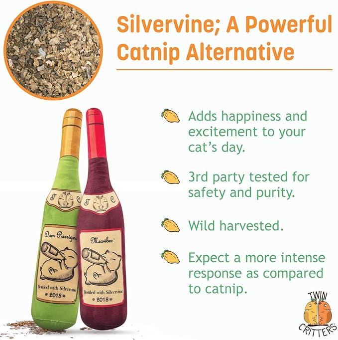 KittiLush 2-Pack Organic Silvervine Catnip Substitute Toys for Cats &amp; Kittens | 100% All-Natural Wild Harvested Silvervine | 2 Refillable Wine Bottle Kicker Cat Toys