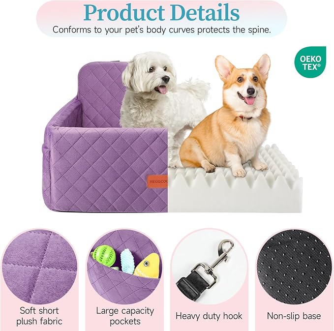 Dog Car Seat for Medium/Large Dogs, Pet Booster Seat for Under 55 lbs or 2 Small Dogs, Detachable &amp; Washable Dog Car Bed for Backseat with 2 Safety Leashes (Purple)