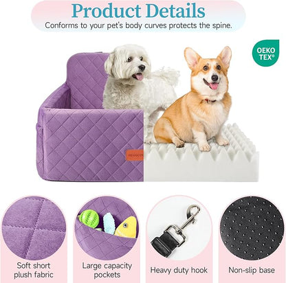 Dog Car Seat for Medium/Large Dogs, Pet Booster Seat for Under 55 lbs or 2 Small Dogs, Detachable &amp; Washable Dog Car Bed for Backseat with 2 Safety Leashes (Purple)