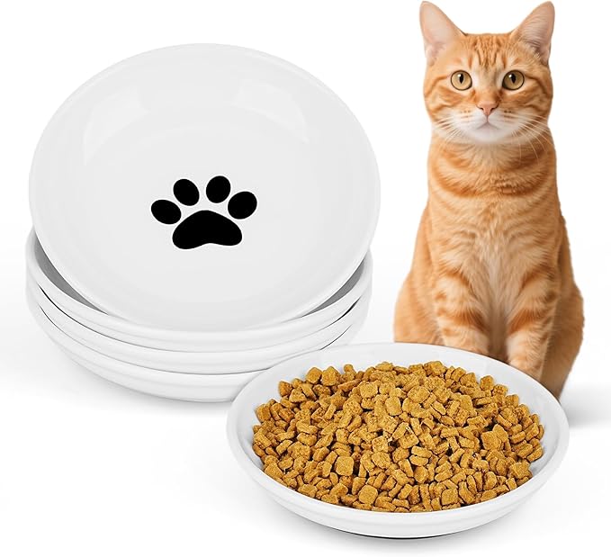 Ceramic Cat Food Bowls - 4 Pack Shallow Plates for Wet Food, Whisker-Friendly Feeding Dish with Non-Slip Silicone Base, Microwave &amp; Dishwasher Safe for Indoor Cats &amp; Kittens