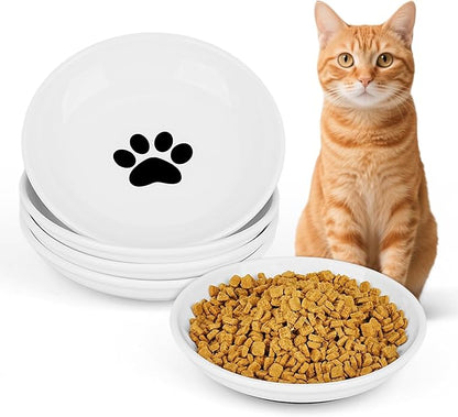 Ceramic Cat Food Bowls - 4 Pack Shallow Plates for Wet Food, Whisker-Friendly Feeding Dish with Non-Slip Silicone Base, Microwave &amp; Dishwasher Safe for Indoor Cats &amp; Kittens