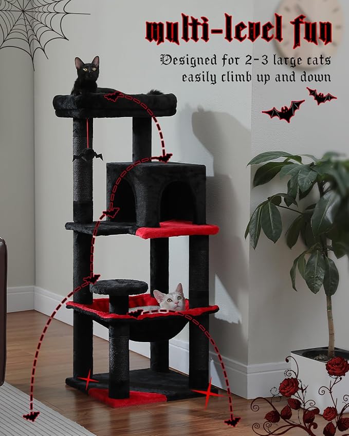 Gothic Cat Tree with Super Large Hammock, 45.7" Black Cat Tower with Coffin Bed, Cat Condo, Sisal Scratching Posts &amp; Top Perch, Multi-Level Goth Cat Tree, Halloween, Black