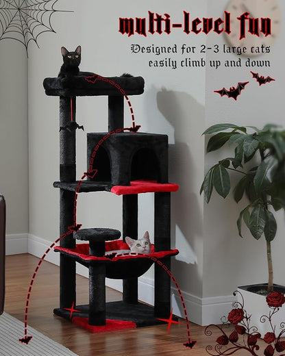 Gothic Cat Tree with Super Large Hammock, 45.7" Black Cat Tower with Coffin Bed, Cat Condo, Sisal Scratching Posts &amp; Top Perch, Multi-Level Goth Cat Tree, Halloween, Black
