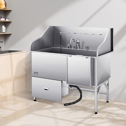 VEVOR Professional 304 Stainless Steel Dog Bathing Station, 61 inch Pet Grooming Tub w/Anti-Slip ramp, Storage Drawer, Cold Hot Faucet Showerhead for Large &amp; Medium &amp; Small (Right Door, with Drawer)