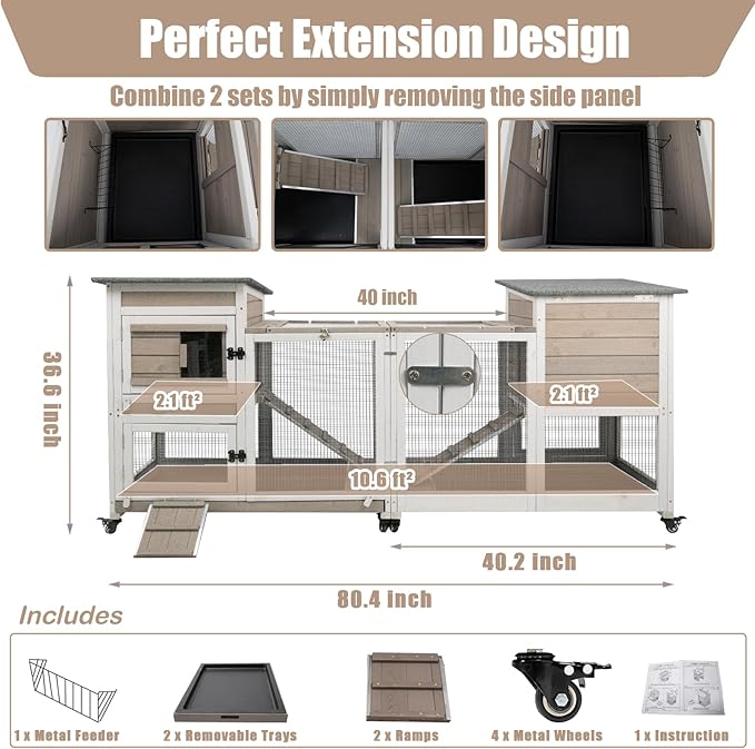 Rabbit Hutch Indoor 40" L Large 2 Story Outdoor Wooden Bunny Hutch with Run, 4 Metal Wheels &amp; 2 Deeper Trays, UV-Proof Panel Rabbit Cage Guinea Pig Pet House for Small-Medium Animals