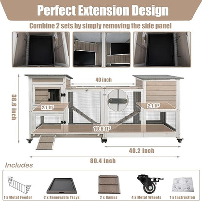 Rabbit Hutch Indoor 40" L Large 2 Story Outdoor Wooden Bunny Hutch with Run, 4 Metal Wheels &amp; 2 Deeper Trays, UV-Proof Panel Rabbit Cage Guinea Pig Pet House for Small-Medium Animals