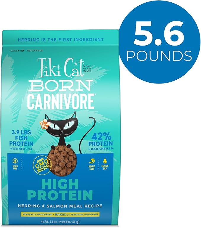 Tiki Cat Born Carnivore High Protein Dry Cat Food, Herring &amp; Salmon Meal, 5.6 lbs. Bag