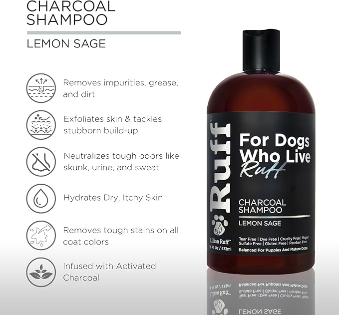 Ruff by Lillian Ruff Activated Charcoal Pet Shampoo – Deep Cleanser, Deodorizer, Stain Remover – Lemon Sage Scent, pH Balanced, Hydrate Dry Itchy Skin – Safe for Puppies &amp; Mature Dogs
