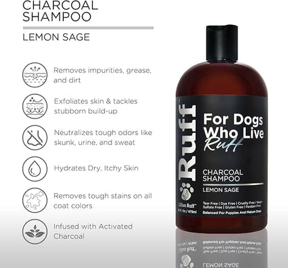Ruff by Lillian Ruff Activated Charcoal Pet Shampoo – Deep Cleanser, Deodorizer, Stain Remover – Lemon Sage Scent, pH Balanced, Hydrate Dry Itchy Skin – Safe for Puppies &amp; Mature Dogs