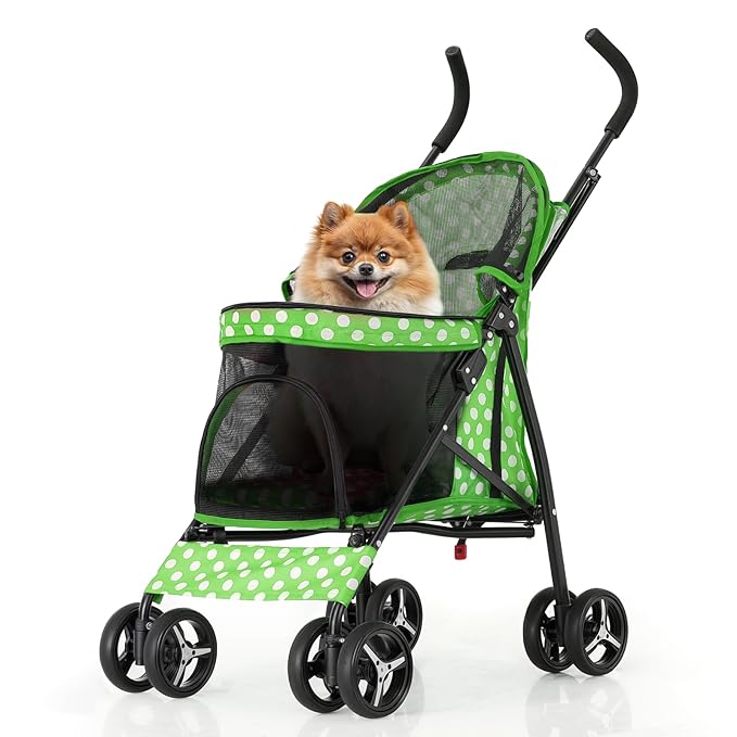 MoNiBloom 4 Wheels Pet Stroller, Easy-Fold Umbrella Shaped Dog Cat Jogger Stroller w/Storage Bag &amp; Visible Mesh for Small/Medium Dogs Cats Lawn Green Polka Dots