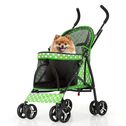 MoNiBloom 4 Wheels Pet Stroller, Easy-Fold Umbrella Shaped Dog Cat Jogger Stroller w/Storage Bag &amp; Visible Mesh for Small/Medium Dogs Cats Lawn Green Polka Dots